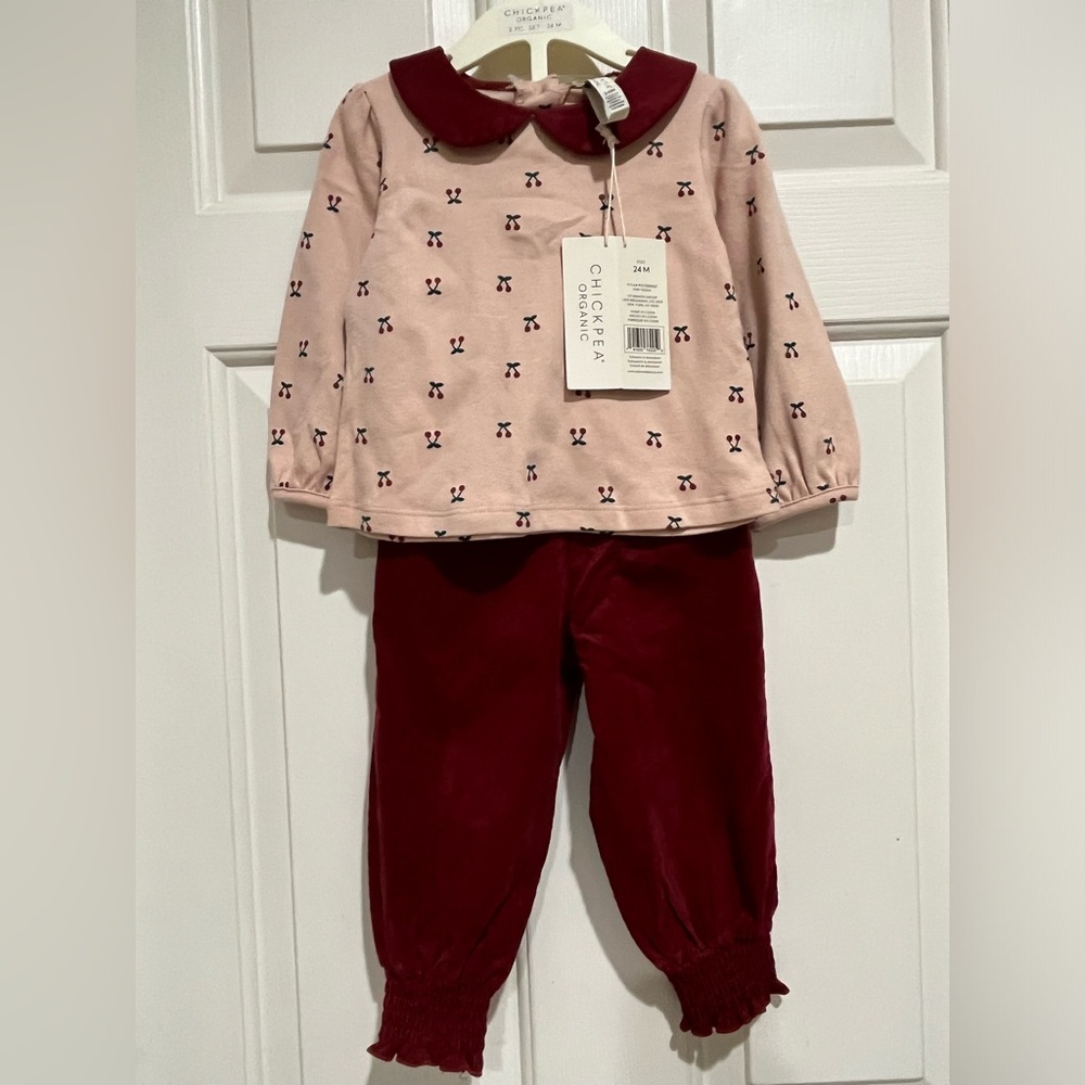 Chickpea ORGANIC Pink Cherry Bow Print Top & Burgundy SOFT CORD Pants Set SZ 24M